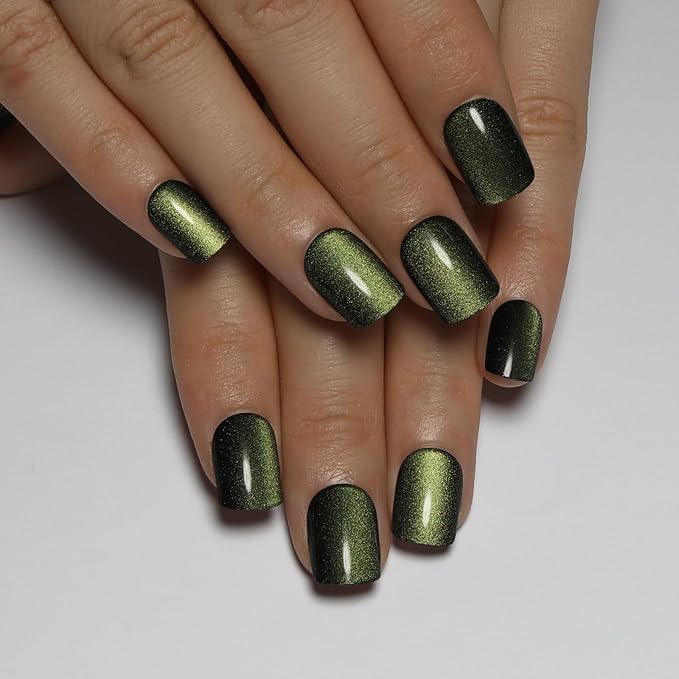 Short Square Press on Nails, Moss Green to Black Gradient Cat Eye Press on Nails with Glue for Women Ashionable Gel False Nails Reusable Acrylic False Nails Women's Glitter Nails Glue On Nails Kit