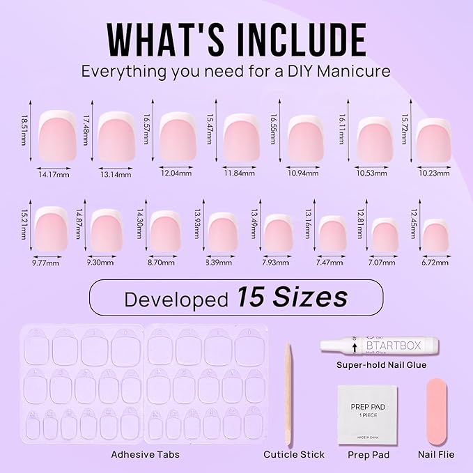 BTArtbox Press On Nails Short - Square French Tip Press On Nails, Fake Nail with Nail Glue, Natural Reusable Stick On Nails in 15 Sizes - 30 Fake Nails Kit, Silken Halo