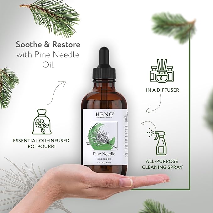 HBNO California Bottled Pine Needle Essential Oil 4 fl oz (120ml) - Natural Pine Needle Oil - Perfect for Cleaning, Aromatherapy, DIY, Soap & Diffuser