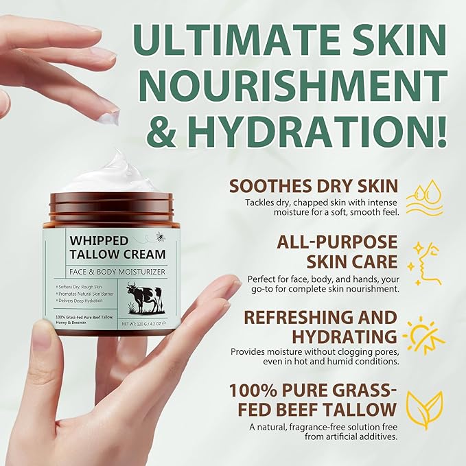 Beef Tallow for Skin, Beef Tallow Moisturizer, 8.4 oz Organic Whipped Grass Fed Beef Tallow with Honey Cream for Face & Body, Unscented