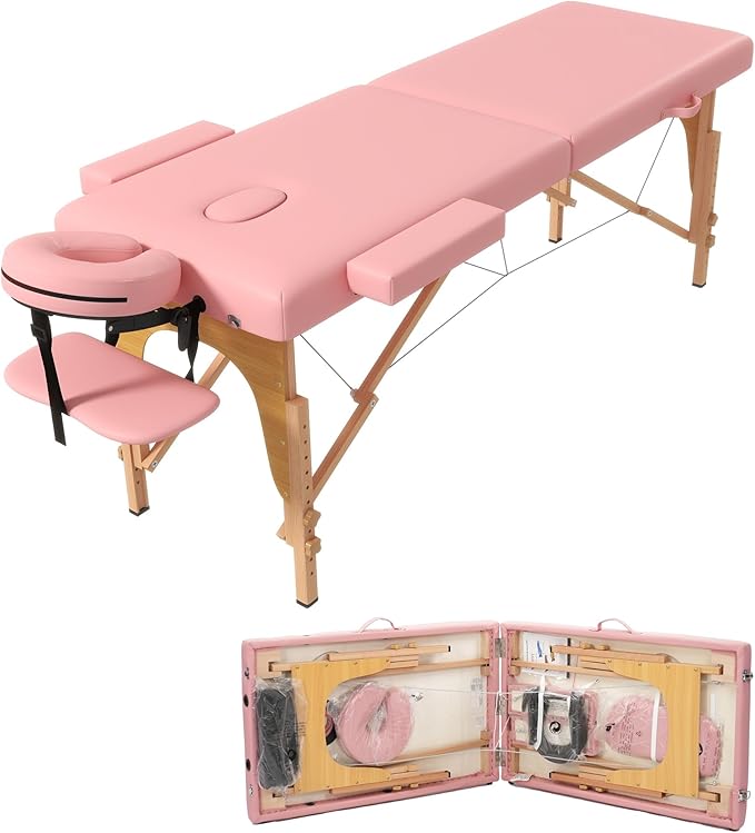 Massage Table Massage Bed, Portable 2 Section Foldable Tattoo Bed, Height Adjustable Lash Spa Bed with Face Cradle, Home Light Weight Facial Salon Bed with with Wood Frame, Light Pink