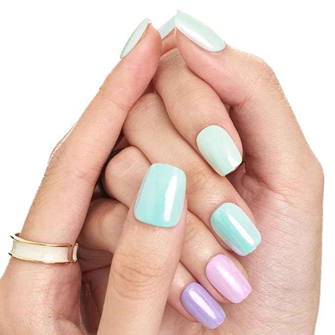 GLAMERMAID Press on Nails Extra Short Square, Color Skipping Chrome Spring Handmade Gel Glue on Nails, Glossy Fake Nails Reusable Acrylic False Nails Manicure Kits for Women