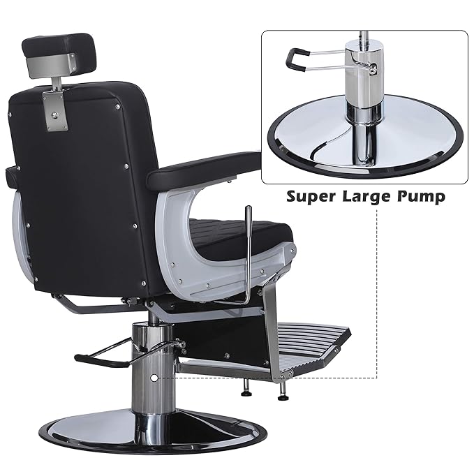 BarberPub Heavy Duty Metal Vintage Barber Chair All Purpose Hydraulic Recline Salon Beauty Spa Shampoo Equipment 3825 (Black with Black Stitches)