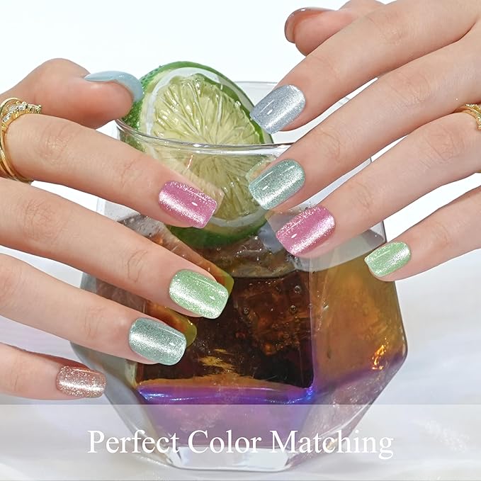 Press on Nails Short 5 Styles, Jofay Fashion 160Pcs Summer Cat Eye Press on Nails for Women, Reusable Opaque Gel Fake Nails, Square Glue On Nails in 16 Sizes, Blooming Flowers