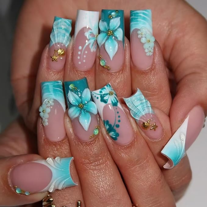 Medium Press on Nails Square Blue Flowers Stick on Nail for Women 24pcs