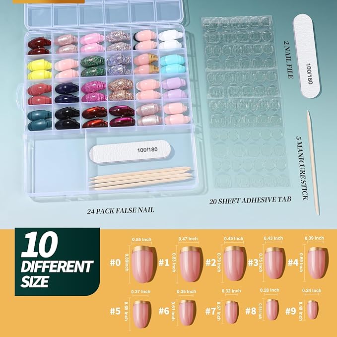 FANDAMEI Press on Nails, 24 Colors 576PCS Press on Nails Oval, Cat Eye Press on Nails Short, Glitter Fake Nails, Press on Nails French Tip Natural Glossy Nails for Nail Art