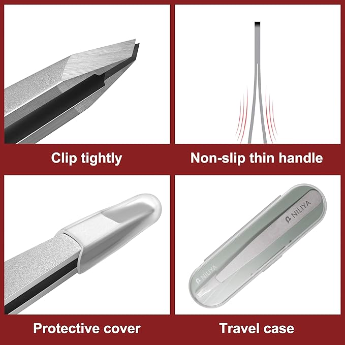 Eyebrow Tweezers for Women Facial Hair, Precision Stainless Steel Slant Tweezers, Sharp Eyebrow Plucker for Remove Hair and Blackhead, With Travel Case