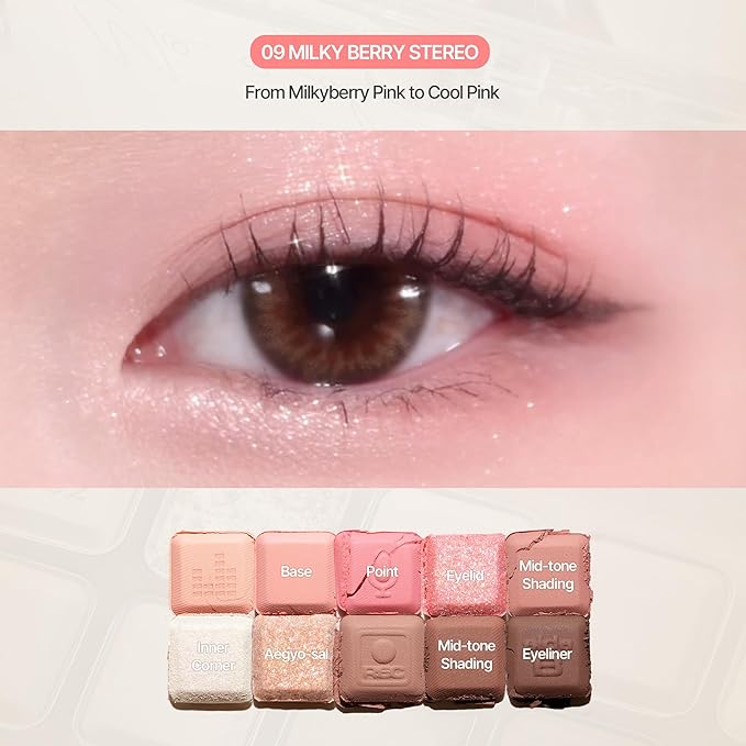 lilybyred Mood Keyboard | 10-Shade Korean Eyeshadow Palette, Highly Pigmented, Matte, Shimmer & Jelly Glitter, Smooth. Blendable, Long-Lasting, Dome-Shaped Design, 0.37 oz. (10 Milky Cherry Recording)