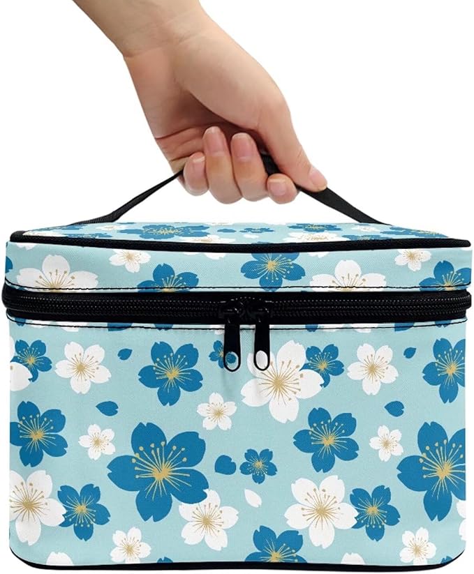 Blue White Cherry Blossom Pattern Travel Makeup Bags for Women Portable Tote Cosmetic Case with Carry Handle Daisy Floral Toiletry Accessories Storage Organizer Bags