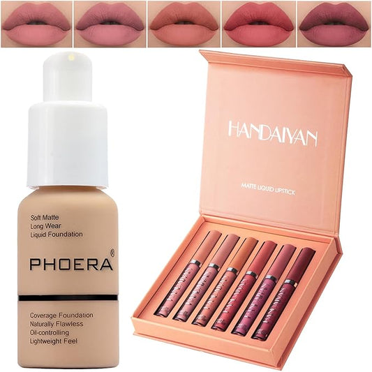 PHOERA Foundation,6 Pcs Matte Liquid Lipstick Makeup Set, Matte liquid Long-Lasting Wear,PHOERA Makeup Foundation Full Coverage(104- Buff Beige)