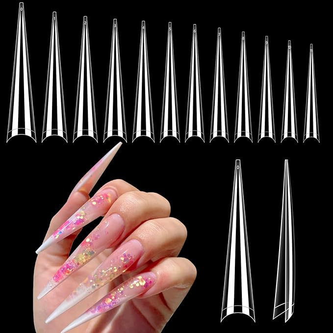 Quaferen 4XL Extra Long Stiletto Nail Tips, 300PCS Clear Nail tips for Acrylic nails Professional, Half Cover Nail Tips Use for Nail Extension Tips, French Nail Tips Tapered Stiletto Nails 12 Sizes