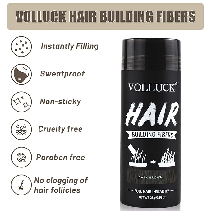VOLLUCK Hair Fibers for Thinning Hair, Instant Coverage Hair Building Fibers for Women and men, Natural Hair Powder for Conceal Hair Loss 28 g*2 (Dark Brown, 2 PCS)