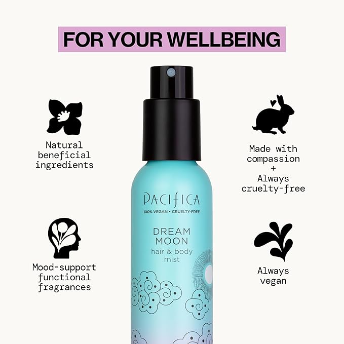 Pacifica Hair Perfume & Body Fragrance Spray Mist - Dream Moon with Bergamot, Pear, Pink Rose, Coconut, Vanilla, Sandalwood & Patchouli – Alcohol-Free, Vegan & Cruelty-Free, 5 oz (1 Count)