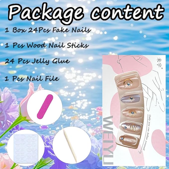 Almond Press on Nails Medium Nude Fake Nails 3D Gold Nails Design Star Moon Rhinestones False Nails Glossy Glue on Nails Artificial Full Cover Stick on Nails for Women Girls Acrylic Manicure 30Pcs