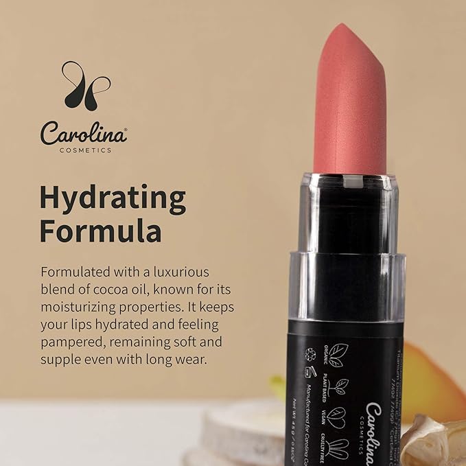 Carolina COSMETICS - Plant-Based Moisturizing Lipstick - Japa Mala Shade 0.15oz- Hydrating with Cocoa Oil, Gluten-Free, Vegan, Non-GMO, Paraben-Free - Lightweight Cream Texture