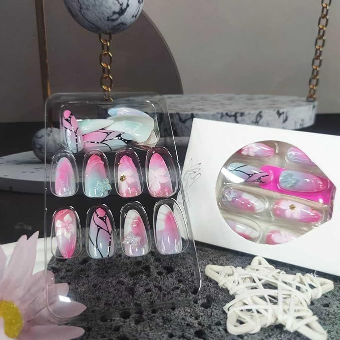 24Pcs Medium Almond Press on Nails Summer Fake Nails with 3D Flower Butterfly Designs False Nail Tips Glossy Pink Blue Glue on Nails Handmade Full Cover Acrylic Stick on Nail for Women
