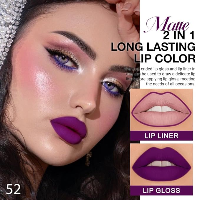 1Pcs 2 in 1 Purple Matte Lip Liner and Liquid Lipstick Stain Makeup Set for women, Purple Long Lasting Smudge Proof Lip Tint Matte Finish Lip Gloss for All-Day Color Hold Easy to Use 52#