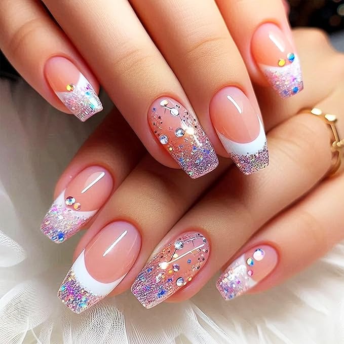 24Pcs French Tips Press on Nails Glossy Purple Glitter Medium Coffin False Nail Rhinestones Acrylic Full Cover Fake Nails Curve Gel Glue on Fingernails Sequin Stick on Nail for Holiday Manicure Art