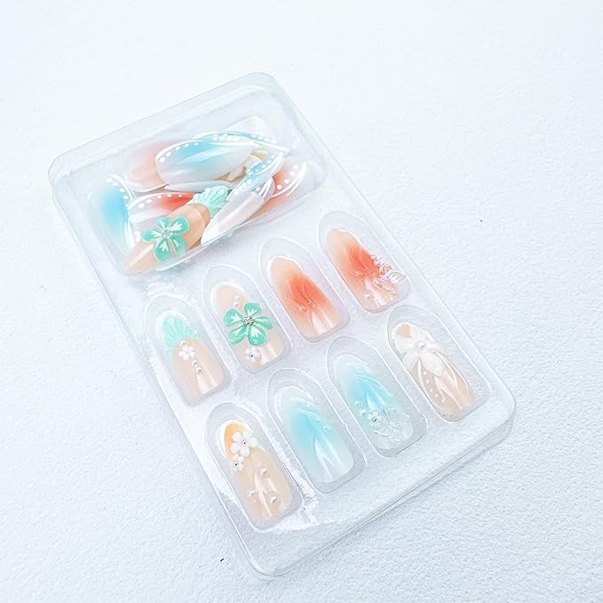 24pcs Summer Press on Nails Medium Almond Fake Nails with 3D Flower Butterfly Designs Pearl Glue on Nails French Tip False Nails Kit Gradient Full Cover Acrylic Nails Stick on Nails for Women