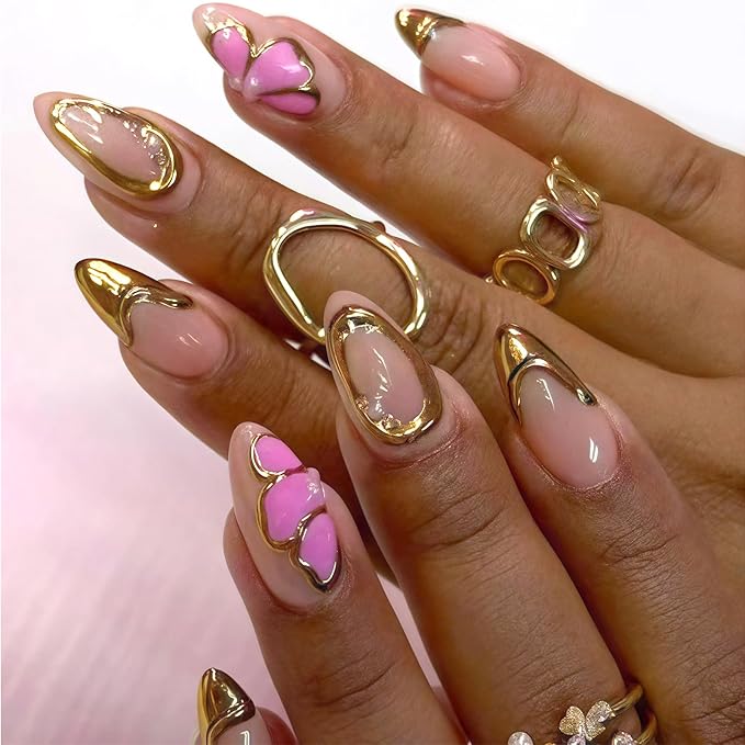 Flower Almond Press on Nails Medium Fake Nails with 3D Gold Line Pink Floral Designs Acrylic Nails Full Cover Stick on Nails Chrome Gold Line French Artificial Nails Glue on Nails for Women 24Pcs