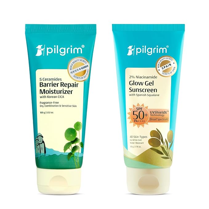 Pilgrim Korean Cica Moisturizer with 5 Ceramides & 2% Niacinamide Glow Gel Sunscreen SPF 50 PA+++ | Hydration, Barrier Strength & Bright Glow | Lightweight & Non-Sticky