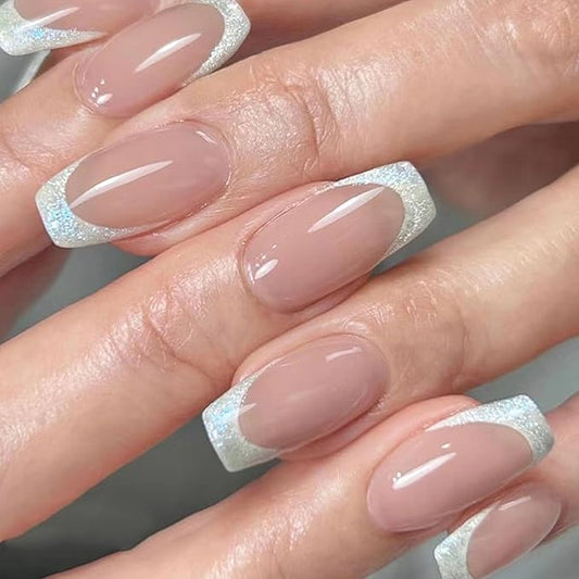 Coffin Press on Nails Short Fake Nails with Glue Simple French Tip Designs Glitter French Glue on Nails Press ons Pink Full Cover Acrylic False Nails for Women 24 Pcs