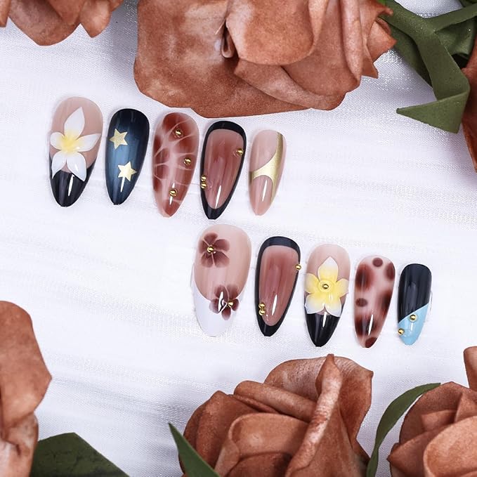 Black French Tip Press on Nails Medium Almond Fake Nails 3D Glitter Gold Beads Design Fall Flower False Nails French Tip Star Acrylic Nails Brown Glossy Glue on Nail for Women Manicure 24Pcs