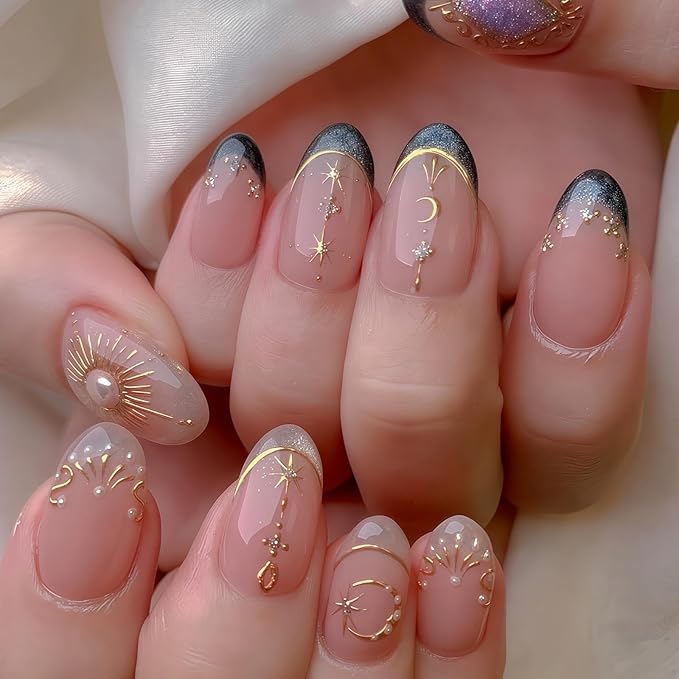 French Tip Press on Nails Gold Fake Nails with Pearl Design Nude Glue on Nails Medium Almond False Nail Glossy Full Cover Artificial Acrylic Glitter Stick on Nail for Women Girls Manicure 24Pcs
