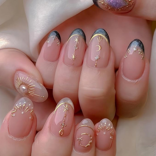 French Tip Press on Nails Gold Fake Nails with Pearl Design Nude Glue on Nails Medium Almond False Nail Glossy Full Cover Artificial Acrylic Glitter Stick on Nail for Women Girls Manicure 24Pcs