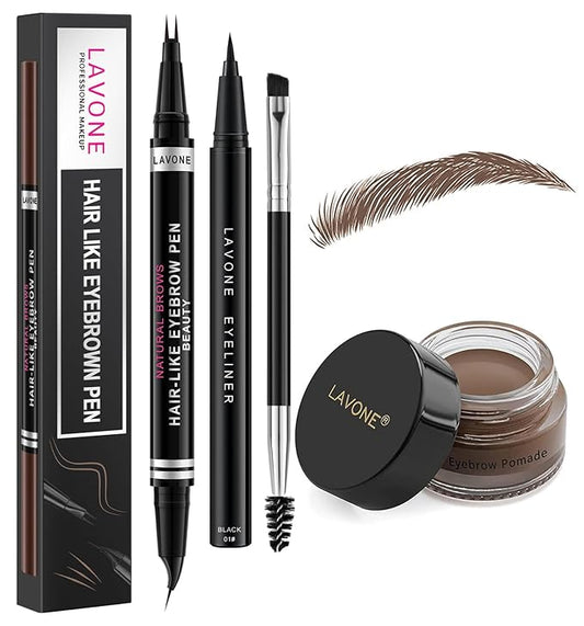 LAVONE Hair-Like Eyebrow Pen Makeup kit, Eyebrow Pencils for Women with Waterproof Microblading Eyebrow Pencil, Eyebrow Pomade, Eyeliner and Eyebrow Brush, Create Full, Natural Brows, Dark Brown