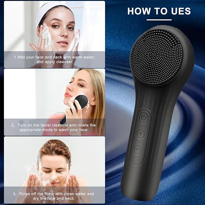 Silicone Face Scrubber Exfoliator, Silicone Face Wash Brush for Men & Women, Ipx7 Waterproof Rechargeable Facial Cleaner for Deep Cleansing, Exfoliating, Massage Face Scrubber (Black)
