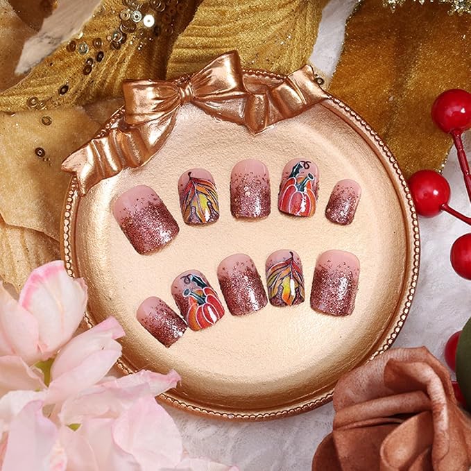 24Pcs Thanksgiving Press on Nails Short Square Fake Nails Glitter Pumpkin Stick on Nails French Tip False Nails Autumn Maple Leaf Acrylic Glue on Nail for Women DIY Fall Press ons Manicure
