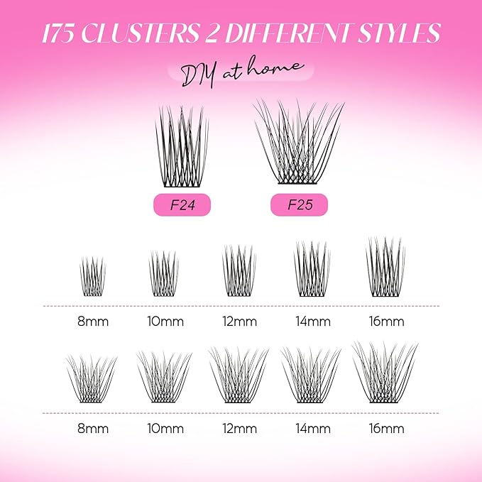 Lash Clusters DIY Eyelash Extensions 175 Clusters Lashes D Curl 0.07 Natural Individual Lash Extensions Mixed Tray False Eyelashes Soft & Strong Thin Band DIY at Home (F24+F25-0.07D, 8-16mm)