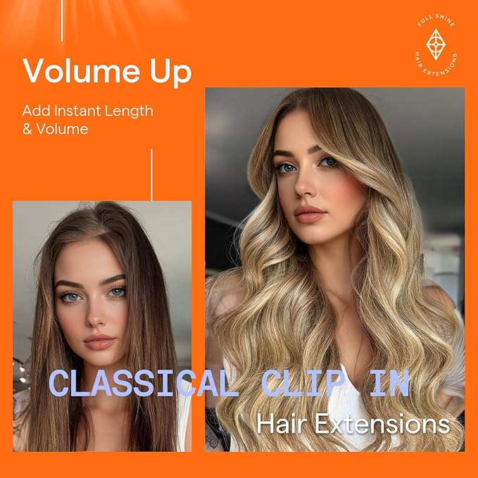 Full Shine Brown Clip in Hair Extensions Real Human Hair Short Hair Ombre Clip in Extensions Brown Balayage Blonde Hair Extensions 7 Pcs Double Weft 12 Inch 95 G