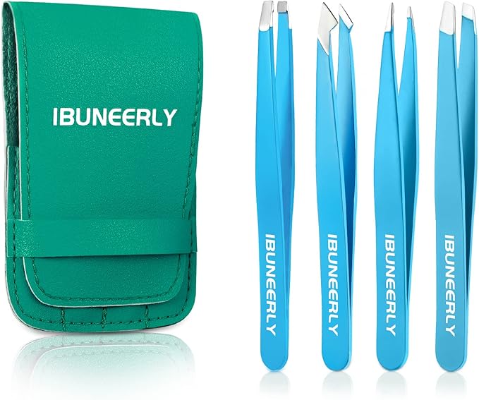 Eyebrows Tweezers Set, 4Pcs Stainless Steel Tweezers for Women with Travel Case, Great Precision for Ingrown Hair, Facial Hair and Splinter Removal
