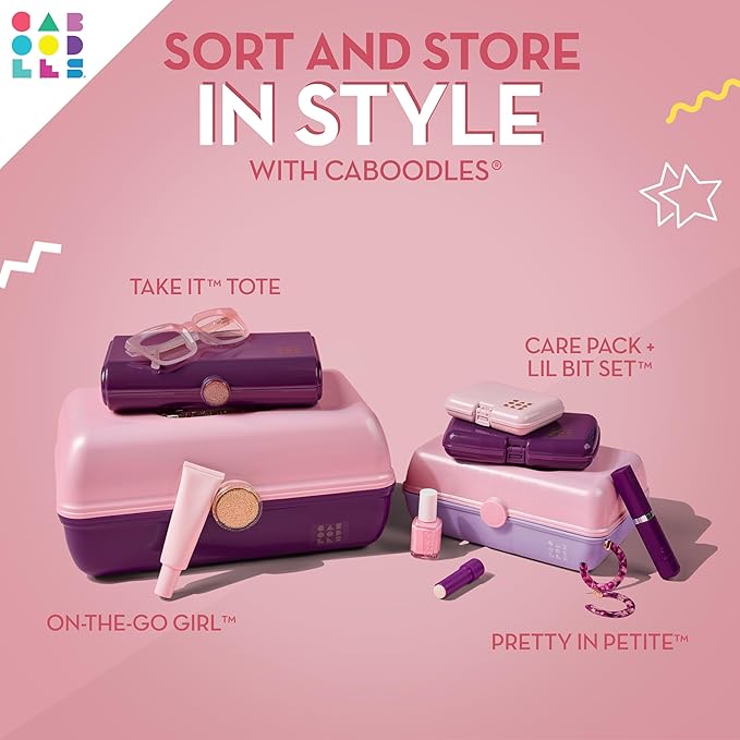 Caboodles Pretty in Petite Makeup Box, Hard Plastic Organizer Box, 2 Swivel Trays, Fashion Mirror, Secure Latch for Safe Travel