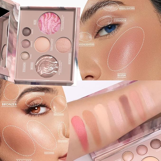 Baked full-face palette, 7-color repair tray, 7-in-1 with eye shadow, highlighter, blush and bronze color, 6.5x0.95 inch. (7-color capacity repairing disk)