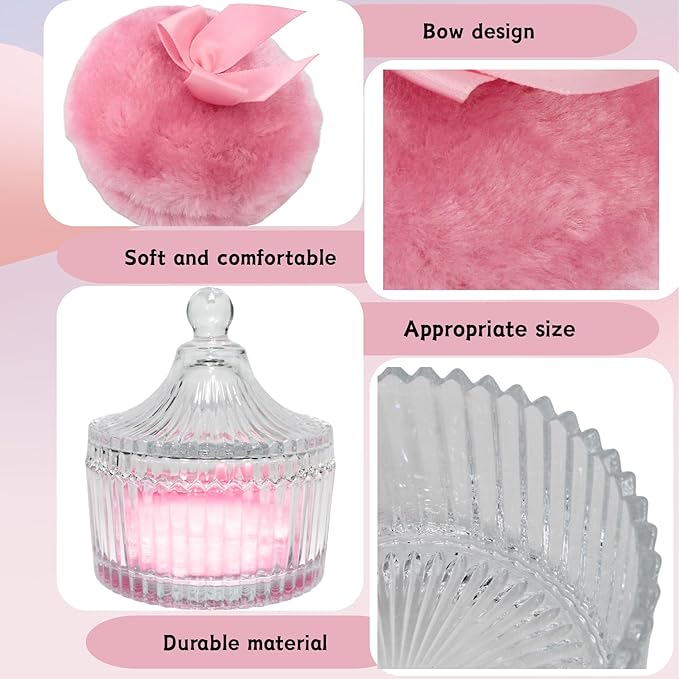 2 Pcs Large Body Powder Puff and Container Powder Container with Puff Crystal Case Soft Washable Reusable Velour Face Body Glitter Wet Dry Makeup (Pink)