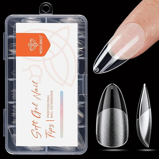 modelones Pointed Almond Nail Tips, Medium Pre-shaped Soft Gel Tips Fake Nails False Acrylic Clear Full Cover Press on Extension Gel Kit Manicure DIY at Home 216PCS 12Sizes