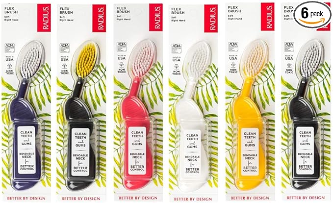 RADIUS Flex Brush with Soft Bristles Toothbrush BPA Free & ADA Accepted Designed to Improve Gum Health & Reduce Issues - Right Hand - Assorted - Pack of 6