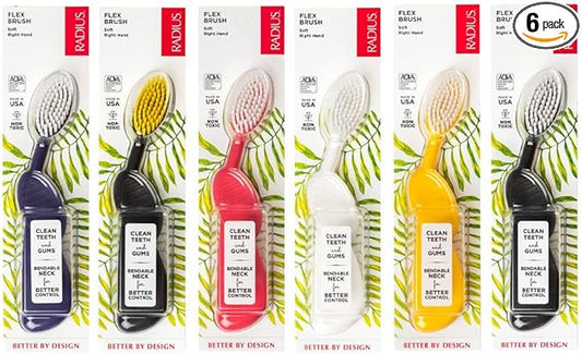 RADIUS Flex Brush with Soft Bristles Toothbrush BPA Free & ADA Accepted Designed to Improve Gum Health & Reduce Issues - Right Hand - Assorted - Pack of 6