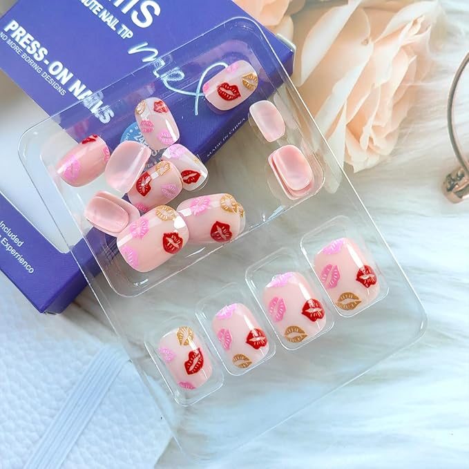 24Pcs Valentines False Nails Short Press on Nails Square Fake Nails Colourful Lip Design Acrylic Nails Nude Pink Glue on Nails Sexy Lips Artificial Stick on Nails for Women Valentines Nails Decor