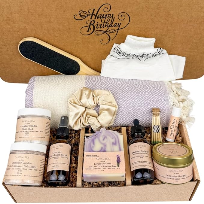 Birthday Gift Baskets for Women, Handmade Lavender Gift Box, Natural Relaxing Spa Self Care Package for Woman 13 Pc, Spa Gifts for Women, Gift Basket for Her, Birthday Box (Lavender Garden)