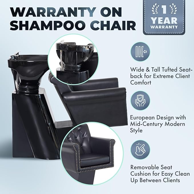 Buy-Rite Chelsea Shampoo Backwash Unit - Tufted Chair, Removable Cushion, Tilting Porcelain Bowl, Single-Lever Faucet, Vacuum Breaker & Install Kit Included - Black, NIN-9902BW