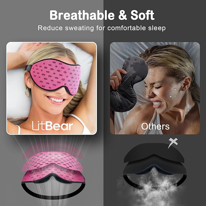 LitBear Breathable Sleep Mask, 3D Eye Mak Sleep for Side Sleepers Women Men, Light Blocking Sleeping Mask with Adjustable Strap, Soft Lightweight Eye Cover for Travel, Night Work, Nap, Office - Pink