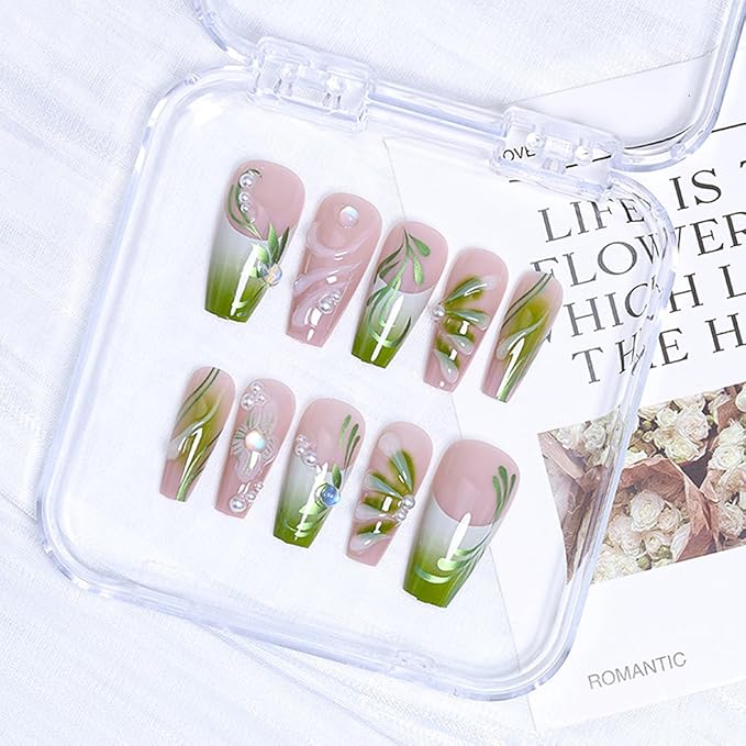24Pcs Gradient Green Press on Nails Medium French Tip Fake Nails 3D Green Flower Glue on Nails with Pearl Rhinestones False Nails Summer Square Acrylic Nails Handmade Artificial False Nails for Women