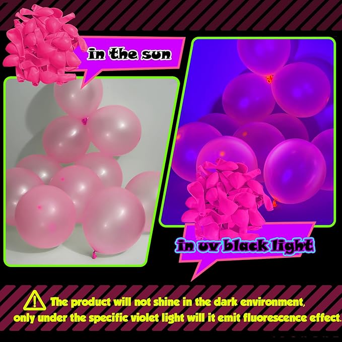 100 Pcs UV Neon Pink Balloons 12 inch Neon Party Supplies, Balloons, Glow in the Dark for Birthday, Graduation, Baby Shower,Wedding, Anniversary Valentines Party Decorations
