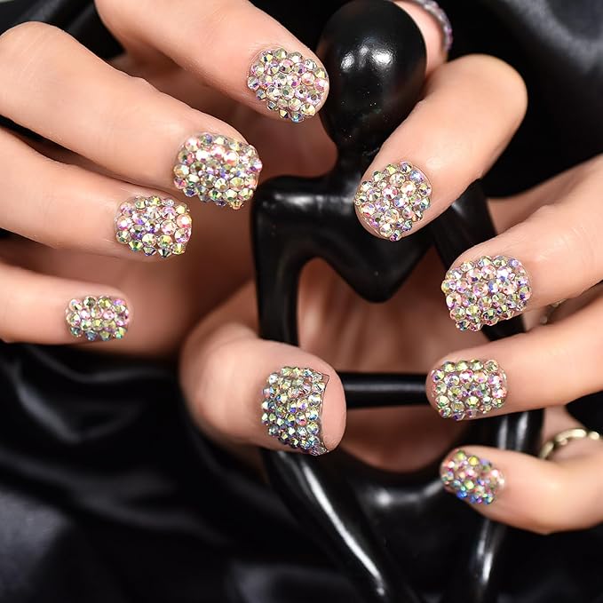24pcs Handmade 3D Rhinestones Press On Nails Square Short Nails Women Girls Gifts Salon Manicure Shiny Crystal Nail Art Tips Fake Nails Reusable Acrylic False Nails