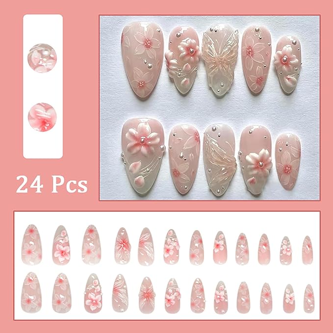 24Pcs Pink Press on Nails Medium Almond Fall Fake Nails with Pearl Glue on Nails 3D Flowers Butterfly Acrylic Nail Tips Gradient French False Nail Full Cover Pink Flower Stick on Nails for Women