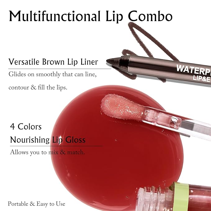 4 Colors Lip Oil with Brown Lip Liner Set, Hydrating Lip Combo Moisturizing Tint Lip Gloss Smooth Highly-Pigmented Matte Lip Liner Pencil Nourishing Non-sticky Shaping Plumping Lips Daily Makeup